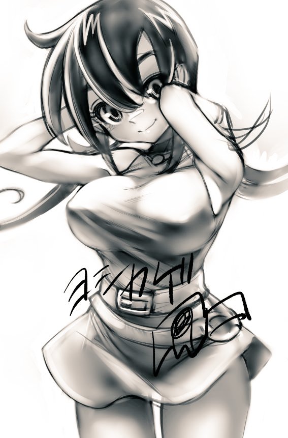 1girl belt breasts closed_mouth dress duel_masters greyscale large_breasts long_hair looking_at_viewer monochrome short_dress simple_background skirt smile solo standing tasogare_mimi white_background yoshikage_(yo4kage)