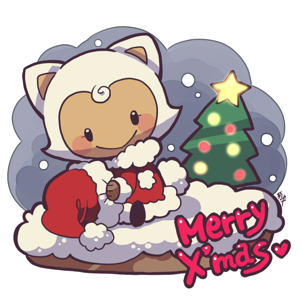 1girl blush_stickers chibi chibi_only christmas_tree coat dragon_quest dragon_quest_x eyelashes fur-trimmed_coat fur-trimmed_headwear fur_trim hat holding holding_unworn_clothes holding_unworn_hat kotorai merry_christmas puklipo red_coat red_hat santa_costume santa_hat signature smile solo tree unworn_hat unworn_headwear