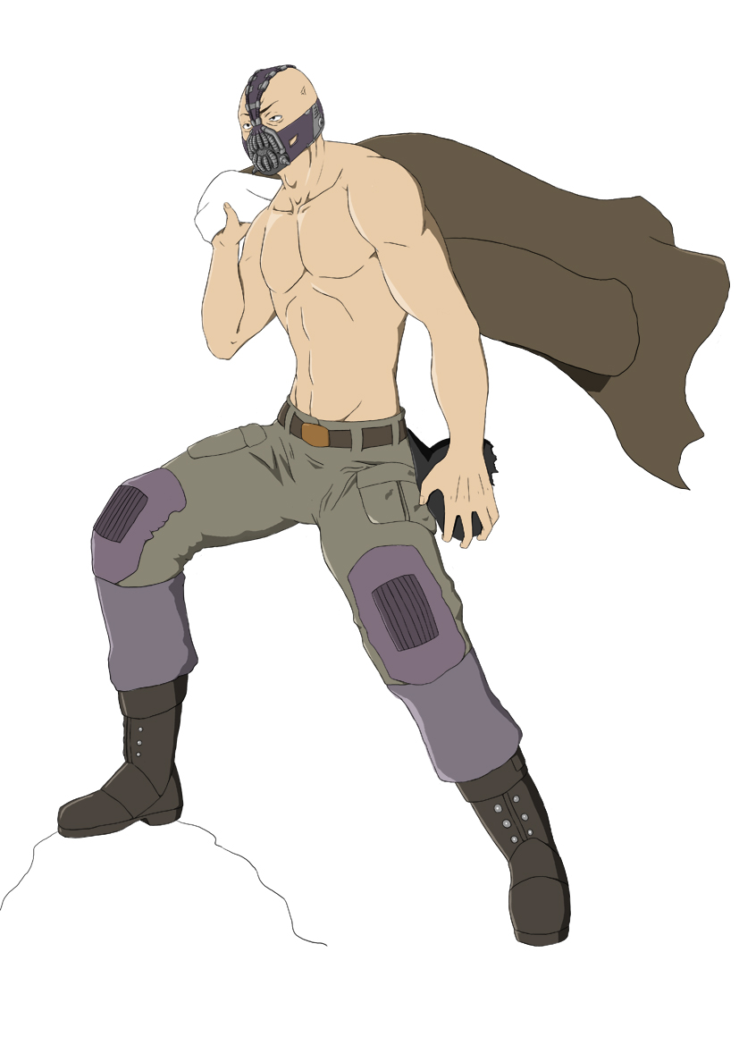 1boy bane batman_(series) boots coat dc_comics male_focus mask muscular topless_male solo the_dark_knight_rises