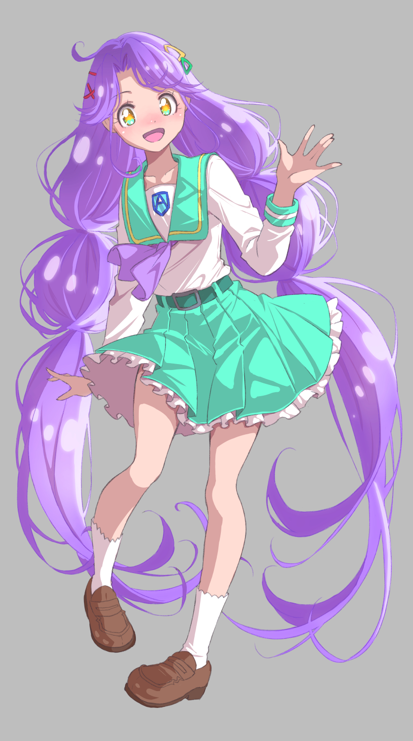 1girl aozora_middle_school_uniform aqua_sailor_collar aqua_skirt blush bow cure_coral full_body grey_background hair_bow hair_ornament highres jj_(ssspulse) long_hair long_sleeves looking_at_viewer low_twintails multi-tied_hair neckerchief open_mouth precure purple_hair purple_neckerchief sailor_collar sailor_shirt school_uniform serafuku shirt skirt smile solo suzumura_sango symbol_in_eye tropical-rouge!_precure twintails