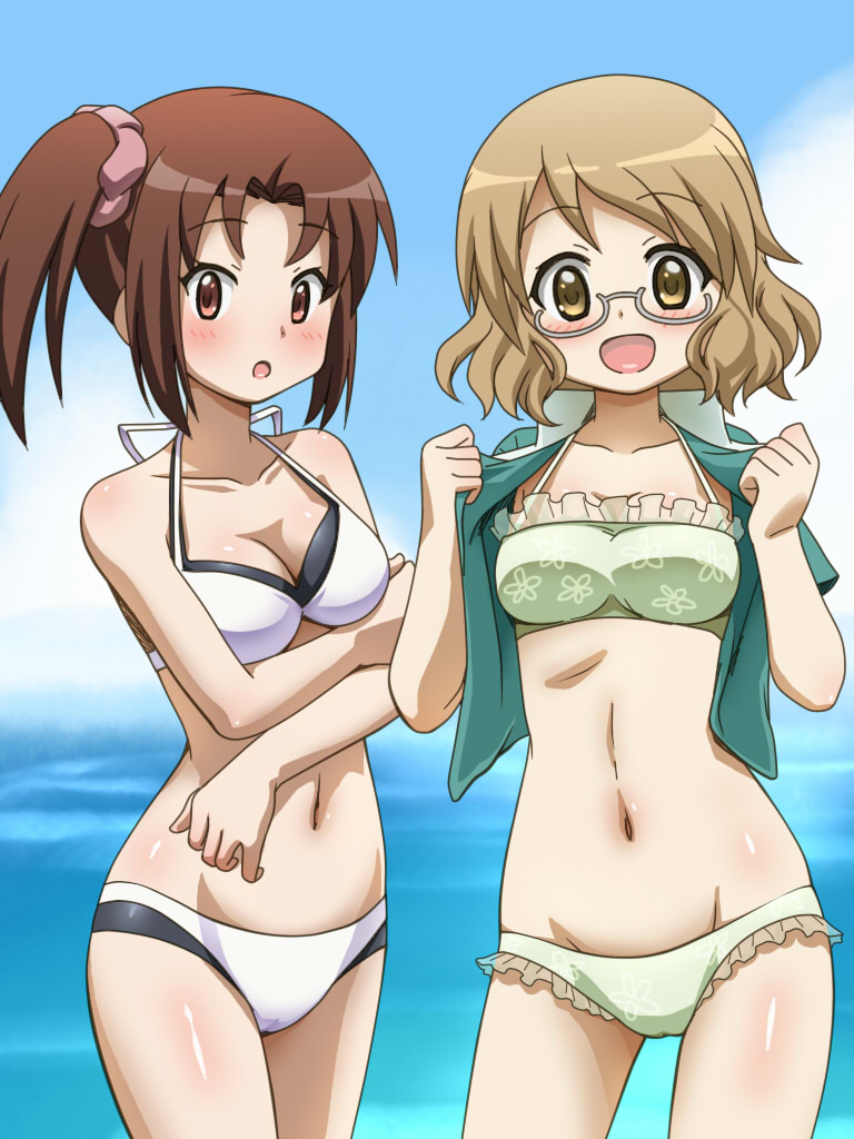10s 2girls :o awa bikini blush breasts brown_eyes brown_hair cloud cloudy_sky cowboy_shot day frilled_bikini frills glasses green_bikini green_shirt karasuma_sakura kin-iro_mosaic kuzehashi_akari looking_at_viewer medium_breasts multiple_girls open_clothes open_mouth open_shirt outdoors parted_bangs scrunchie semi-rimless_eyewear shirt short_hair side_ponytail sky small_breasts smile standing swimsuit under-rim_eyewear wet white_bikini