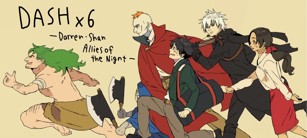1girl 5boys axe black_hair black_jacket blazer bow_(weapon) cape cloak crossbow dark_skin debbie_hemlock dual_wielding fur_trim green_hair holding_hands harkat_mulds holding hood hood_up hooded_cloak jacket larten_crepsley long_hair multiple_boys necktie platinum_blonde_hair ponytail red_hair running scar scar_on_face school_uniform short_hair steve_leonard the_saga_of_darren_shan the_saga_of_larten_crepsley vancha_march weapon yume