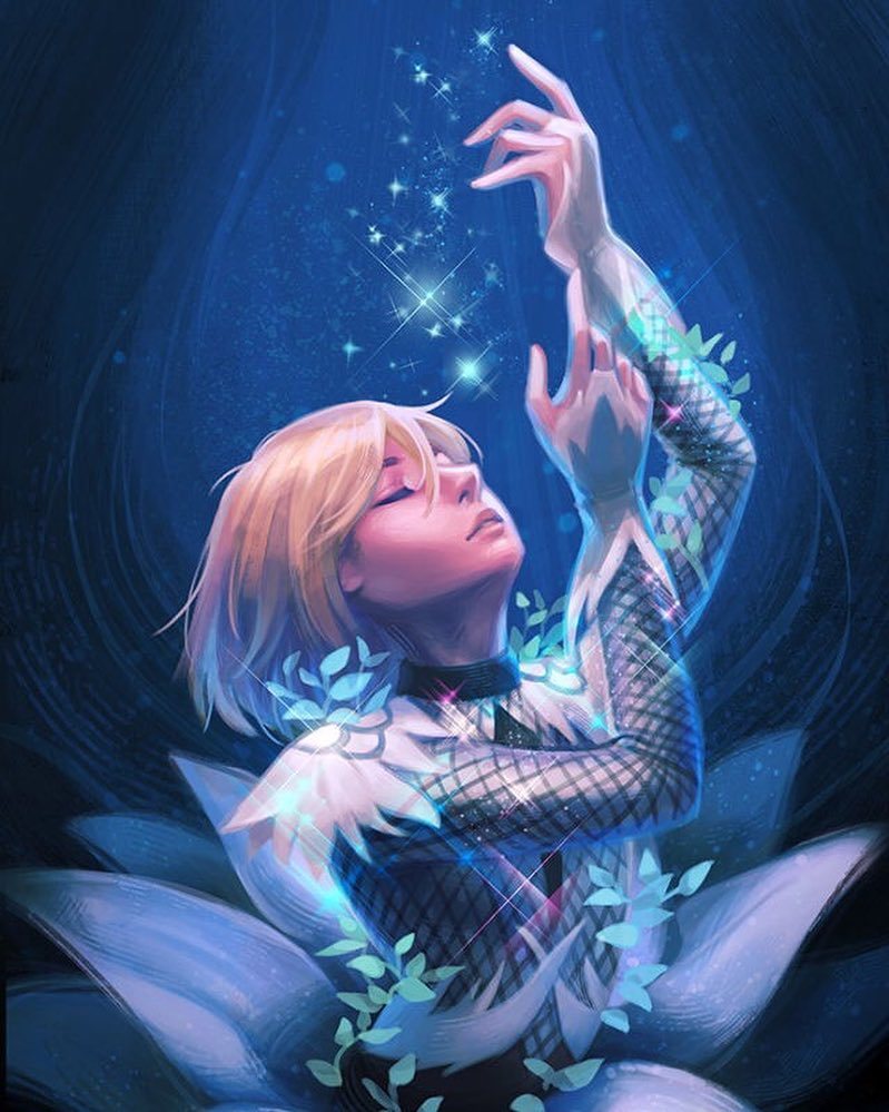 1boy androgynous arms_up blonde_hair blue_background blue_flower blue_theme closed_eyes closed_mouth eyebrows eyelashes figure_skating fingerless_gloves fishnets flower glint gloves hair_between_eyes hands_up lips long_sleeves looking_up male_focus munette pale_skin reaching reaching_towards_viewer short_hair three-quarter_sleeves solo solo_focus sparkle yuri!!!_on_ice yuri_plisetsky