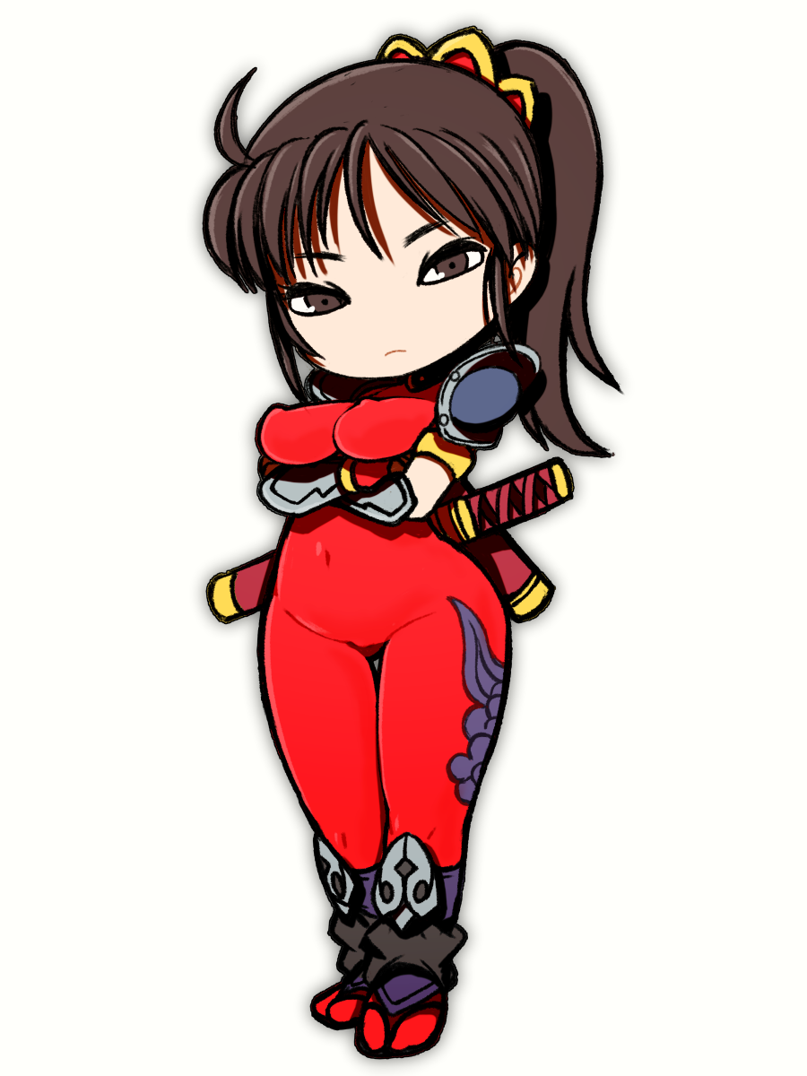 1girl arms_under_breasts beeru_(veil8801) bodysuit breasts brown_eyes brown_hair closed_mouth covered_erect_nipples covered_navel crossed_arms deformed frown full_body highres kodachi medium_breasts no_nose ponytail red_bodysuit scabbard sheath short_sword simple_background skin_tight solo soul_calibur standing sword taki_(soulcalibur) thigh_gap weapon white_background