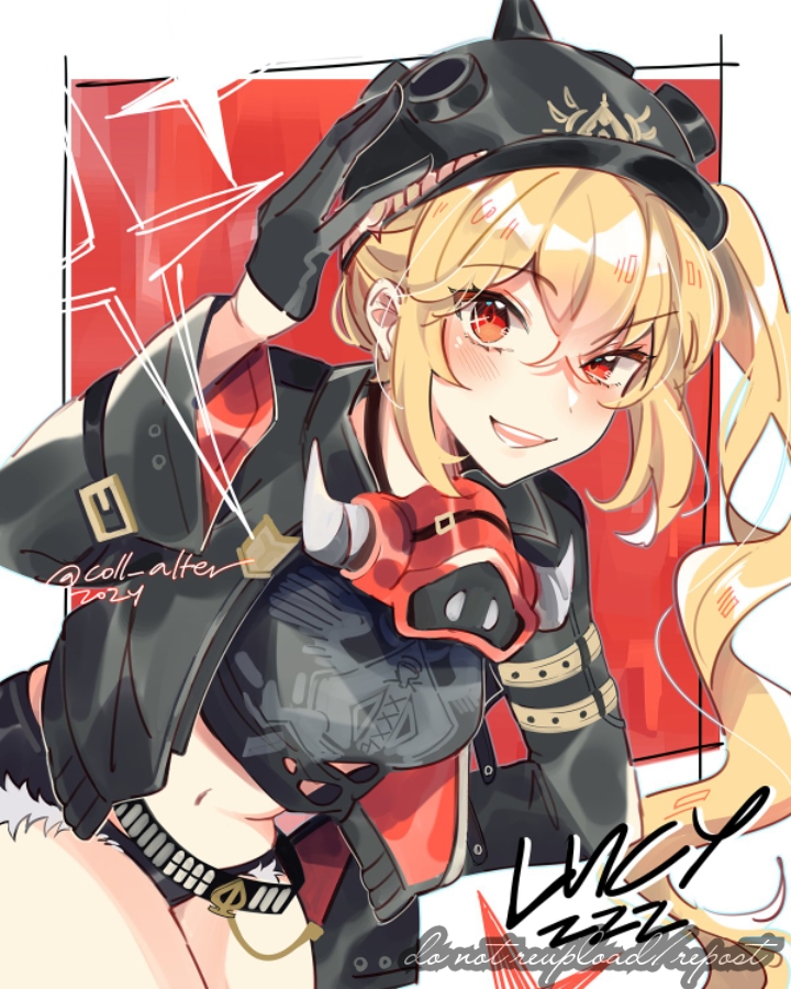 1girl black_hat black_jacket black_shirt black_shorts blonde_hair blush breasts coll_(erichankun) hat jacket long_hair looking_at_viewer luciana_de_montefio navel open_mouth red_eyes shirt short_shorts shorts side_ponytail small_breasts smile solo very_long_hair white_background zenless_zone_zero