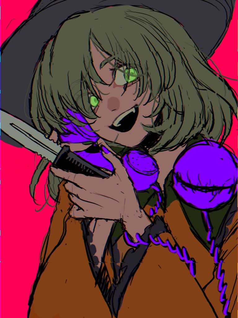1girl :d bad_id black_hat blouse buttons commentary corded_phone crazy_eyes crazy_smile eyeball eyes_visible_through_hair frilled_shirt_collar frilled_sleeves frills glowing glowing_eyes green_eyes green_nails hair_between_eyes hat hat_ribbon holding holding_knife holding_phone knife komeiji_koishi konoha217 light_green_hair long_sleeves looking_to_the_side magenta_background medium_hair nail_polish open_mouth phone pink_background ribbon shirt simple_background smile solo symbol-only_commentary teeth thick_eyebrows third_eye touhou upper_body upper_teeth_only wavy_hair wide_sleeves yellow_ribbon yellow_shirt