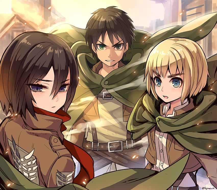 1girl 2boys armin_arlert belt black_hair blonde_hair blue_eyes bob_cut brown_hair brown_jacket cape cropped_jacket embers eren_yeager fujimaru_(green_sparrow) green_cape green_eyes grey_eyes hair_between_eyes house jacket mikasa_ackerman multiple_boys open_mouth red_scarf scarf shingeki_no_kyojin short_hair smoke survey_corps_(emblem) thick_eyebrows