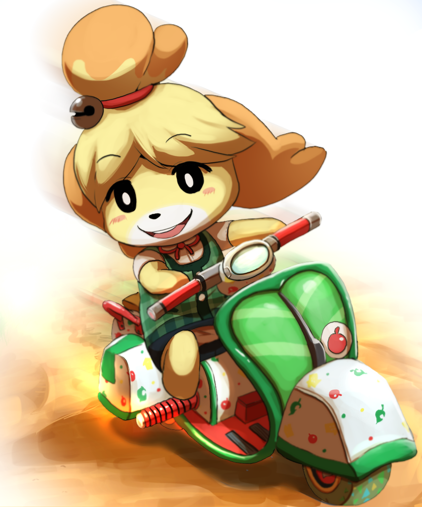 1girl animal_crossing animal_ears blonde_hair blush dagasi female_focus furry furry_female gradient_background hair_ornament happy isabelle_(animal_crossing) mario_(series) mario_kart mario_kart_8 motor_vehicle nintendo scooter smile solo sticker vehicle vespa