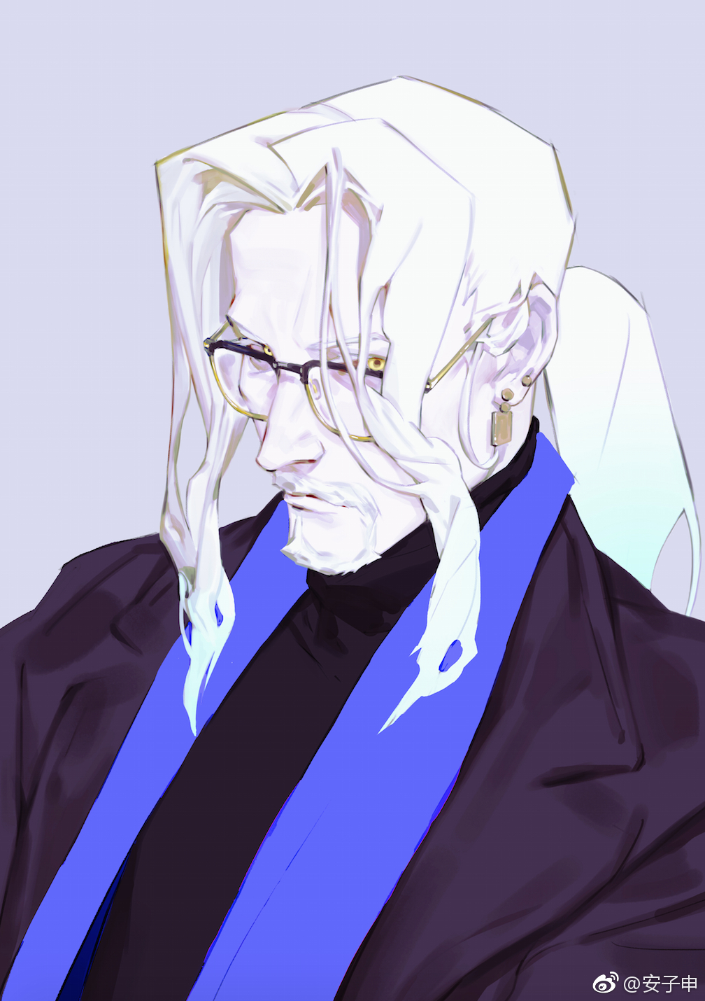 1boy anzishen black_shirt earrings fate/apocrypha fate/grand_order fate_(series) formal_clothes highres jewelry long_hair shirt suit vlad_iii_(fate/apocrypha) white_hair
