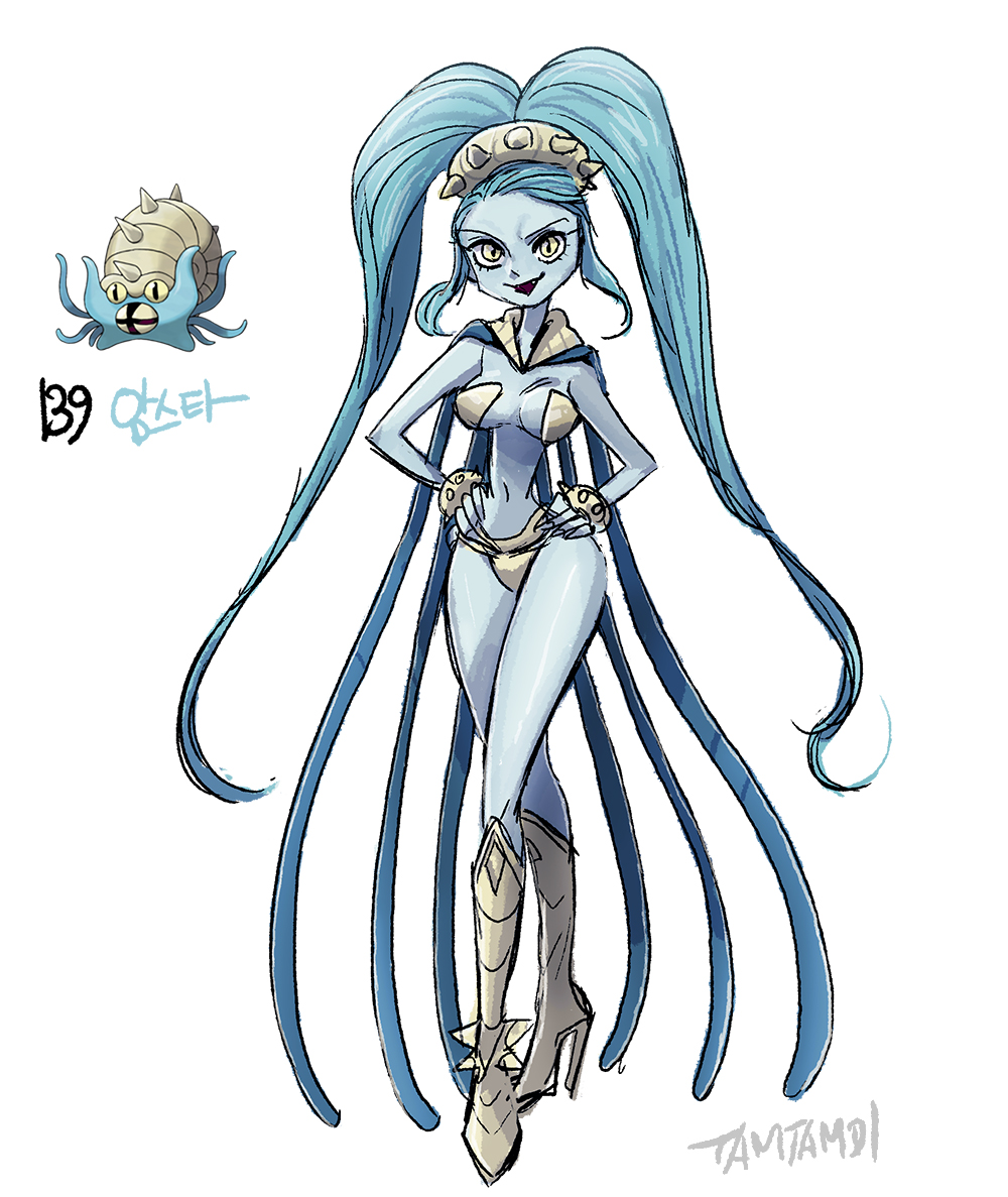 1girl blue_cape blue_skirt bra cape commentary eyelashes fangs fingerless_gloves full_body game_freak gen_1_pokemon gloves grey_bra grey_footwear grey_panties hands_on_own_hips long_hair looking_at_viewer nintendo omastar open_mouth panties personification pokemon pokemon_(creature) reference_inset signature simple_background skirt slit_pupils standing tamtamdi translated twintails underwear very_long_hair white_background wide_hips yellow_eyes