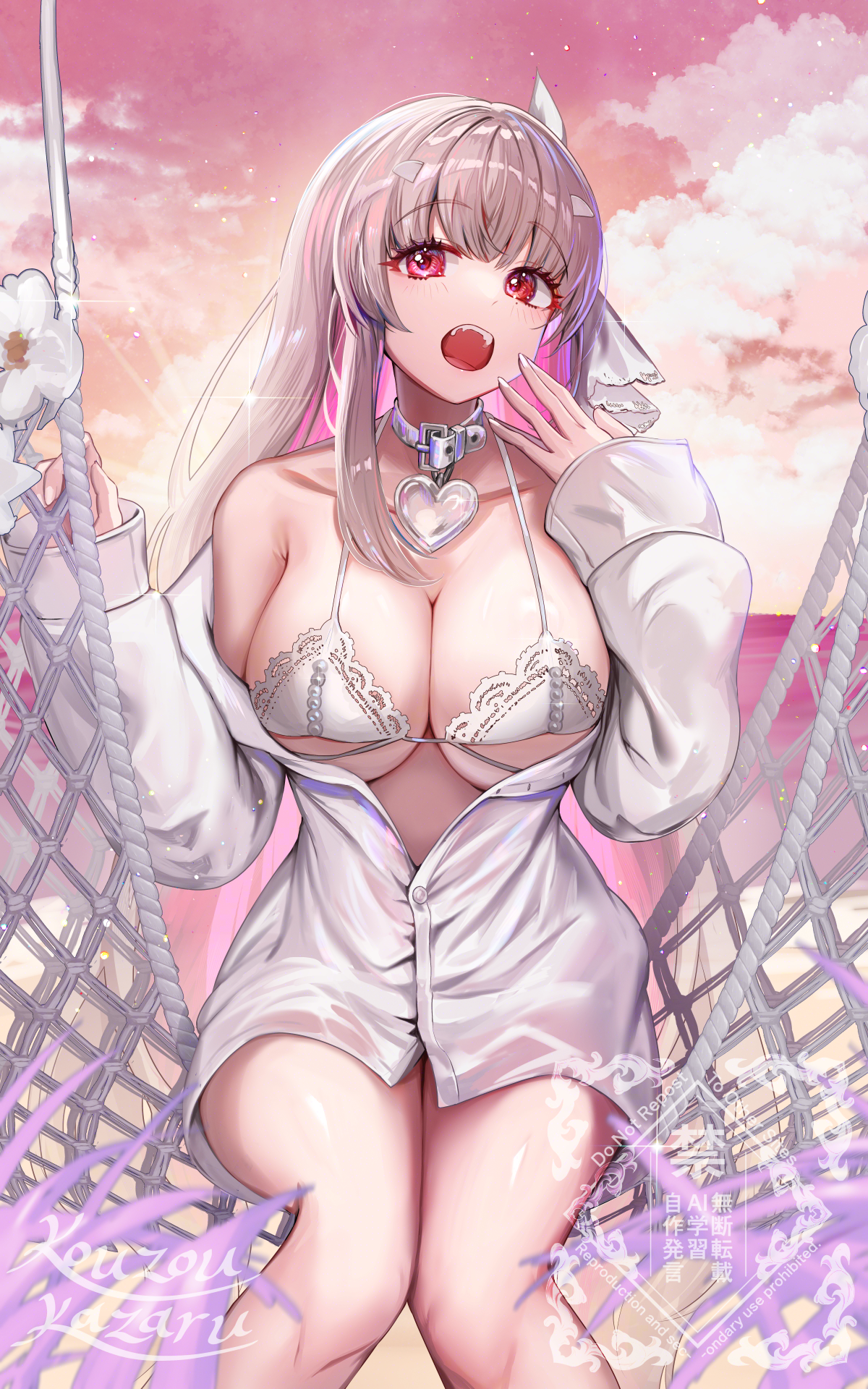 1girl belt_collar bikini bra collar goddess_of_victory:_nikke hammock heart_collar highres horns kozou_kazaru lace lace-trimmed_bikini lace_trim light_brown_hair official_alternate_costume on_hammock pearl_bikini solo swimsuit underwear viper_(nikke) viper_(shine_of_love)_(nikke) white_bikini white_bra white_collar white_horns white_nails