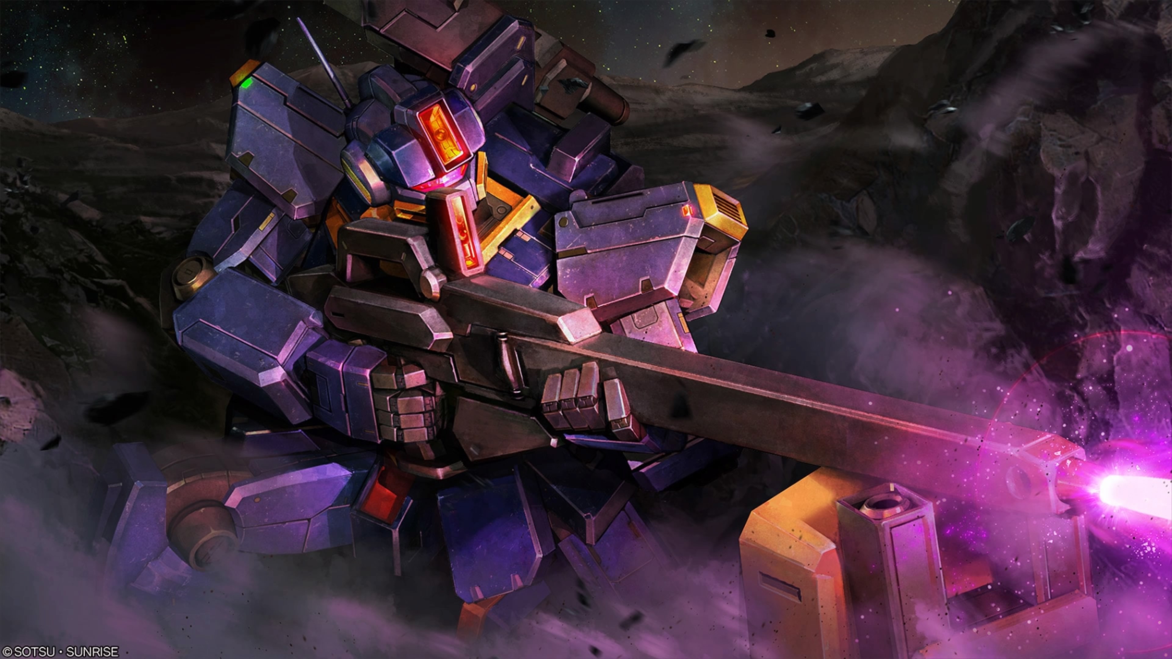absurdres advance_of_zeta artist_request assault_visor battle beam_rifle copyright_logo debris dust_cloud energy_beam energy_gun exposed_internal_machinery firing gm_sniper_iii gun gundam gundam_battle_operation_2 highres machinery mecha mecha_focus mobile_suit no_humans official_art realistic red_visor rifle robot science_fiction scope sniper_rifle sunrise_(company) titans_(gundam) weapon
