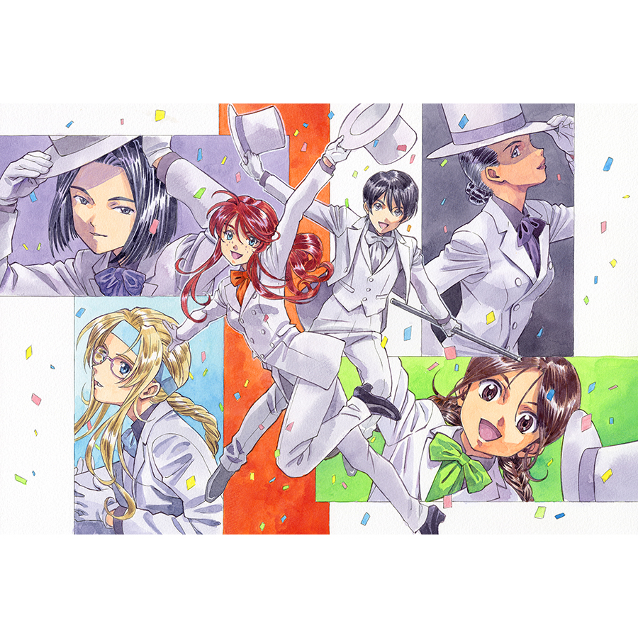 1boy 1other 4girls adjusting_hair alternate_costume androgynous aqua_bow aqua_eyes aqua_hairband arm_up ascot black_ascot black_bow black_bowtie black_eyes black_footwear bow bowtie braid braided_ponytail breasts brown_eyes buttons child closed_mouth collar collared_shirt collared_suit confetti dark-skinned_female dark_skin diana_caprice double-breasted everyone formal_clothes freckles full_body gemini_sunrise glasses gloves green_ascot green_bow green_bowtie grey_collar grey_eyes grey_shirt grey_undershirt hair_between_eyes hair_pulled_back hairband happy hat holding holding_baton holding_unworn_clothes holding_unworn_hat kujou_subaru leg_up long_hair long_sidelocks low-tied_long_hair low_twin_braids matsubara_hidenori medium_breasts multiple_girls official_alternate_costume official_art open_clothes open_mouth open_suit orange_ascot orange_bow orange_bowtie paneled_background panties parted_bangs pocket purple_bow red_hair rikaritta_aries rimless_eyewear sagitta_weinberg sakura_taisen sakura_taisen_v second-party_source shirt short_hair sidelocks straight_hair suit taiga_shinjirou teeth top_hat traditional_media twin_braids undershirt underwear unworn_hat unworn_headwear upper_body very_low_bun vest wavy_sidelocks white_gloves white_hat white_panties white_sleeves white_suit white_vest