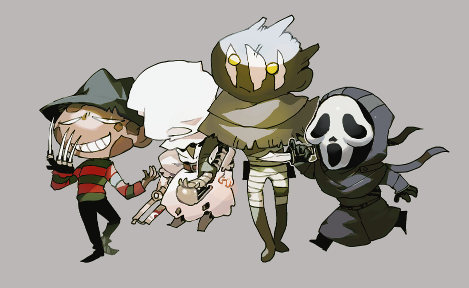 1girl 3boys a_nightmare_on_elm_street bag_over_head bandages black_gloves burn_scar chibi claw_(weapon) dead_by_daylight floating freddy_krueger ghostface gloves grin hat hood hooded_coat knife long_sleeves mask multiple_boys newo_(shinra-p) running saw scar scream_(movie) smile standing the_nurse_(dead_by_daylight) the_wraith_(dead_by_daylight) weapon yellow_eyes