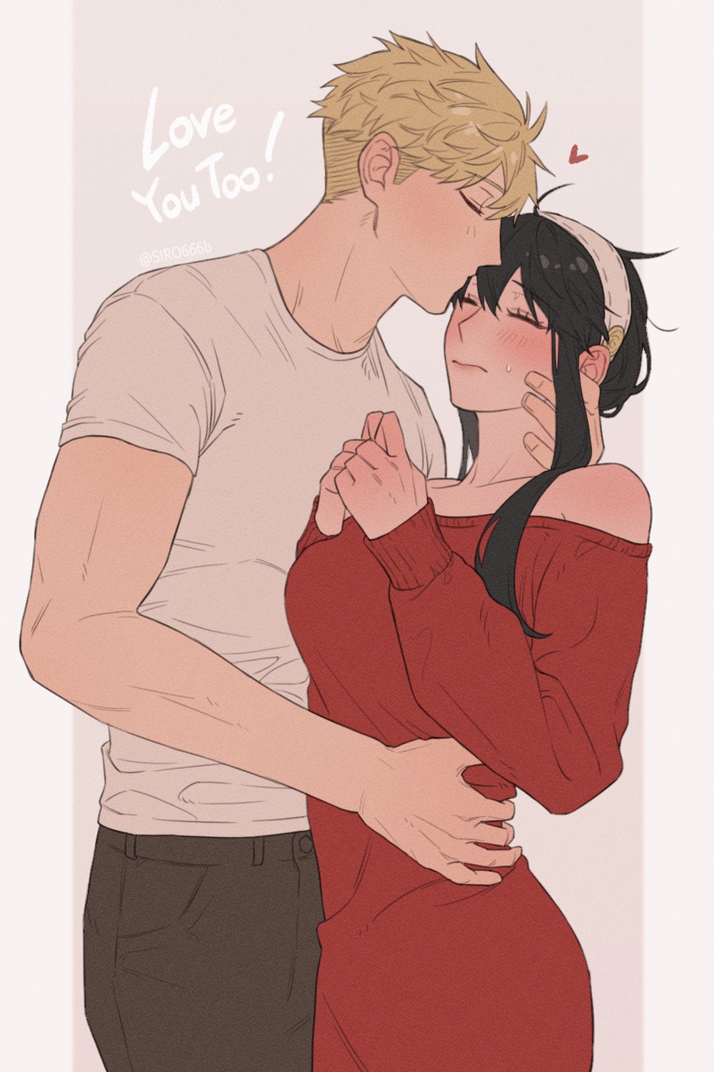1boy 1girl bare_shoulders black_hair blonde_hair blush breasts closed_eyes closed_mouth collarbone commentary couple cowboy_shot dress ear_blush english_text grey_pants hairband hand_on_another&#039;s_neck hand_on_another&#039;s_waist heart height_difference highres husband_and_wife kiss kissing_forehead long_hair long_sleeves medium_breasts off-shoulder_dress off_shoulder pants red_dress shirt short_hair sidelocks siro666b spy_x_family sweatdrop symbol-only_commentary twilight_(spy_x_family) white_hairband white_shirt yor_briar