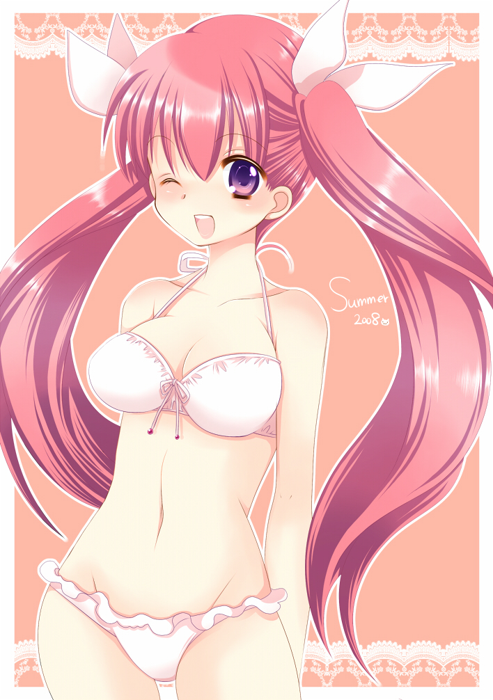 1girl bikini breasts cleavage female_focus hair_ribbon large_breasts long_hair navel neko_(natsuiroclassic) one_eye_closed original pink_hair purple_eyes ribbon smile solo summer swimsuit twintails white_bikini wink