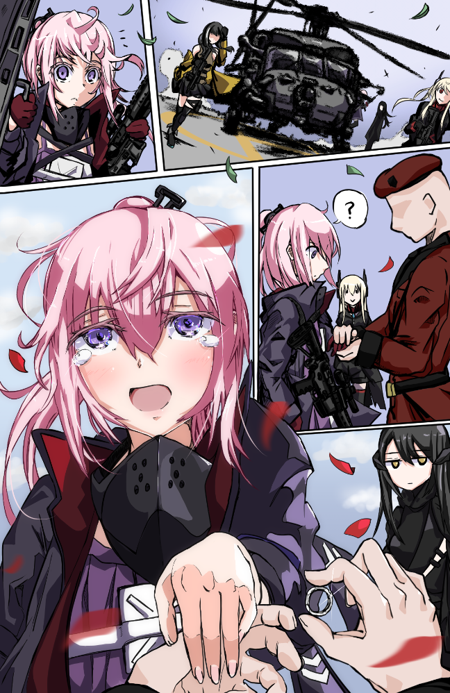 1boy 4girls ? aircraft ar-15 assault_rifle belt beret black_hair black_shorts blonde_hair carbine colt_9mm_smg commander_(girls&#039;_frontline) crying crying_with_eyes_open dandelion_(girls&#039;_frontline) dual_wielding engagement_ring falling_petals girls&#039;_frontline gloves griffin_&amp;_kryuger_military_uniform gun hair_between_eyes hat helicopter holding jamie_leano jewelry landing leaf m4_sopmod_ii_(girls&#039;_frontline) m4_sopmod_ii_(mod3)_(girls&#039;_frontline) marriage_proposal military military_hat military_uniform mod3_(girls&#039;_frontline) multicolored_hair multiple_girls o_o ornate_ring outdoors over-kneehighs petals pink_hair purple_eyes red_eyes rifle ring ro635_(girls&#039;_frontline) ro635_(mod3)_(girls&#039;_frontline) shorts sleeveless smile spoken_question_mark st_ar-15_(girls&#039;_frontline) st_ar-15_(mod3)_(girls&#039;_frontline) streaked_hair submachine_gun sweater tears thighhighs thighs uh-60_blackhawk weapon wedding_band wind |_|