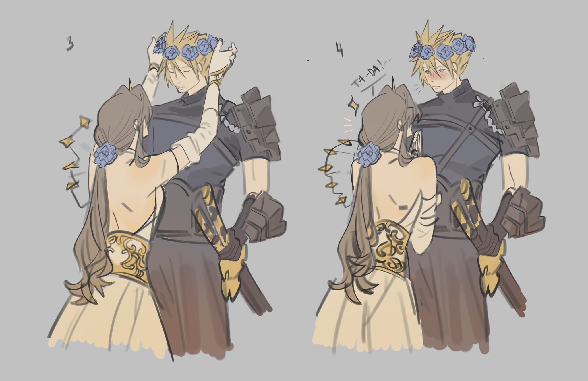 1boy 1girl aerith_gainsborough aerith_gainsborough_(prism_dress) armor backless_dress backless_outfit black_gloves blonde_hair blue_flower blue_rose blush brown_hair closed_eyes cloud_strife cloud_strife_(murasame) detached_sleeves dress final_fantasy final_fantasy_vii final_fantasy_vii_ever_crisis flower gloves gold_trim grey_background hair_between_eyes hair_flower hair_ornament head_wreath hetero highres japanese_armor japanese_clothes long_hair looking_at_another low_ponytail mmmckayyy multiple_swords official_alternate_costume parted_bangs ponytail rose short_hair shoulder_armor sidelocks single_bare_shoulder single_shoulder_pad spiked_hair tiara upper_body white_dress white_sleeves