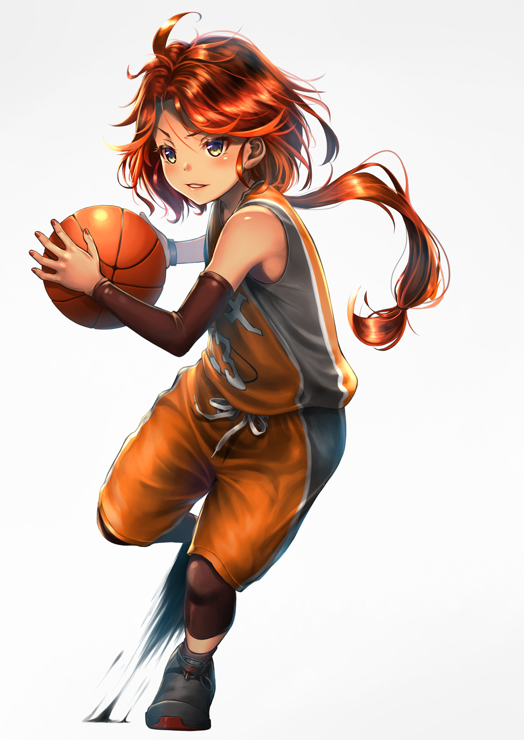 1girl azur_lane ball basketball basketball_(object) basketball_uniform detached_sleeves full_body highres name_connection national_basketball_association pantyhose pantyhose_under_shorts phoenix_(azur_lane) phoenix_suns ponytail shorts simple_background sportswear steve_nash yakkuro