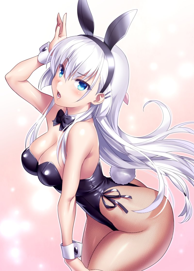 1girl animal_ears arm_up ass blue_eyes bow bowtie breasts cleavage cowboy_shot detached_collar fake_animal_ears fishnet_pantyhose fishnets gradient_background hair_ornament hairband highleg highleg_leotard key_(company) large_breasts leaning_forward leotard long_hair naruse_shiroha open_mouth pantyhose pink_background playboy_bunny rabbit_ears side-tie_leotard simple_background solo summer_pockets very_long_hair white_hair white_wrist_cuffs wrist_cuffs zen