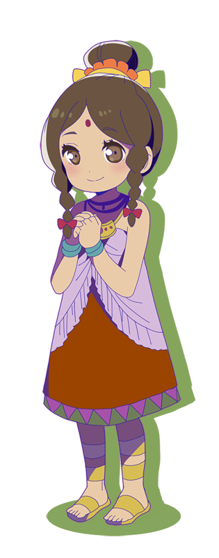 10s 1girl bad_id bad_pixiv_id braid brown_eyes brown_hair dark-skinned_female dark_skin dayon_girl dayoon_girl female_focus osomatsu-san osomatsu_(series) own_hands_clasped own_hands_together pantyhose sandals shiroringo smile solo wide_strap_sandals
