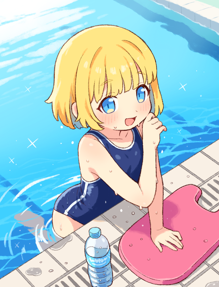 1girl blonde_hair blue_eyes flat_chest one-piece_swimsuit onyhakase original pool school_swimsuit short_hair solo swimsuit water