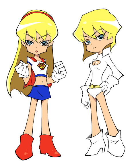 2girls blonde_hair blue_eyes bodysuit boots cape cleavage_cutout clothing_cutout dc_comics dcau female_focus galatea gloves hairband hotate_(suikaneko) kryptonian long_hair midriff miniskirt multiple_girls panty_&amp;_stocking_with_garterbelt parody power_girl short_hair skirt style_parody supergirl superman_(series) tank_top
