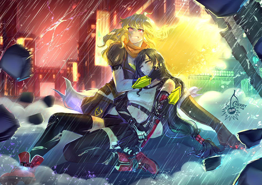 2girls ahoge angry artist_name black_gloves black_hair blonde_hair bracelet breasts bruise building cherry_in_the_sun city clenched_teeth closed_eyes commission crossover debris ember_celica_(rwby) facing_to_the_side final_fantasy final_fantasy_vii fingerless_gloves floating_hair full_body glaring gloves glowing glowing_hair hand_on_another&#039;s_face holding injury jacket jewelry kneeling large_breasts lightning long_hair looking_to_the_side looking_up lying lying_on_person midriff multiple_girls outdoors parted_lips ponytail protecting rain red_eyes rwby shoes short_sleeves skirt tank_top teeth thighhighs tifa_lockhart torn_clothes unconscious weapon wind yang_xiao_long yuri