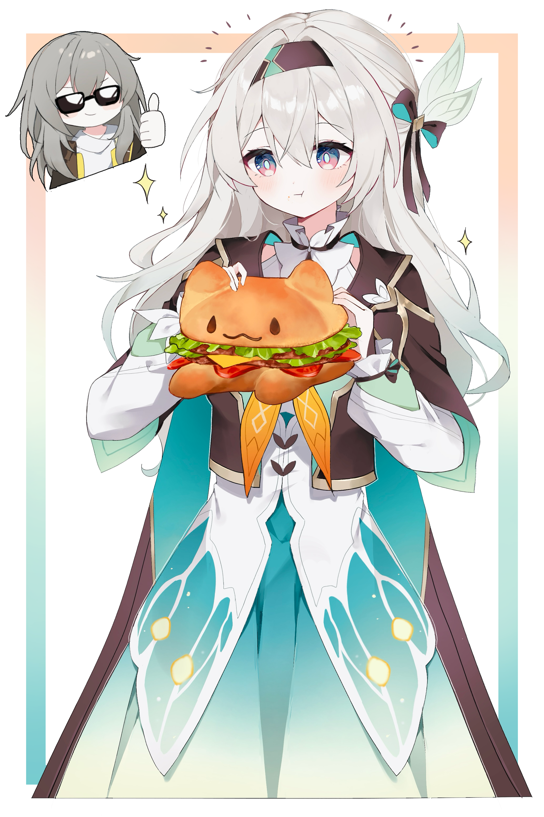 2girls absurdres black_coat black_hairband coat collared_shirt commentary_request cropped_jacket eating firefly_(honkai:_star_rail) food frilled_sleeves frills glasses green_skirt grey_hair hair_between_eyes hair_ornament hairband ham highres holding holding_food honkai:_star_rail honkai_(series) long_hair long_sleeves multicolored_eyes multiple_girls neckerchief nirako_mona open_clothes open_coat orange_neckerchief shirt simple_background skirt smile stelle_(honkai:_star_rail) thumbs_up trailblazer_(honkai:_star_rail) two-tone_eyes white_shirt