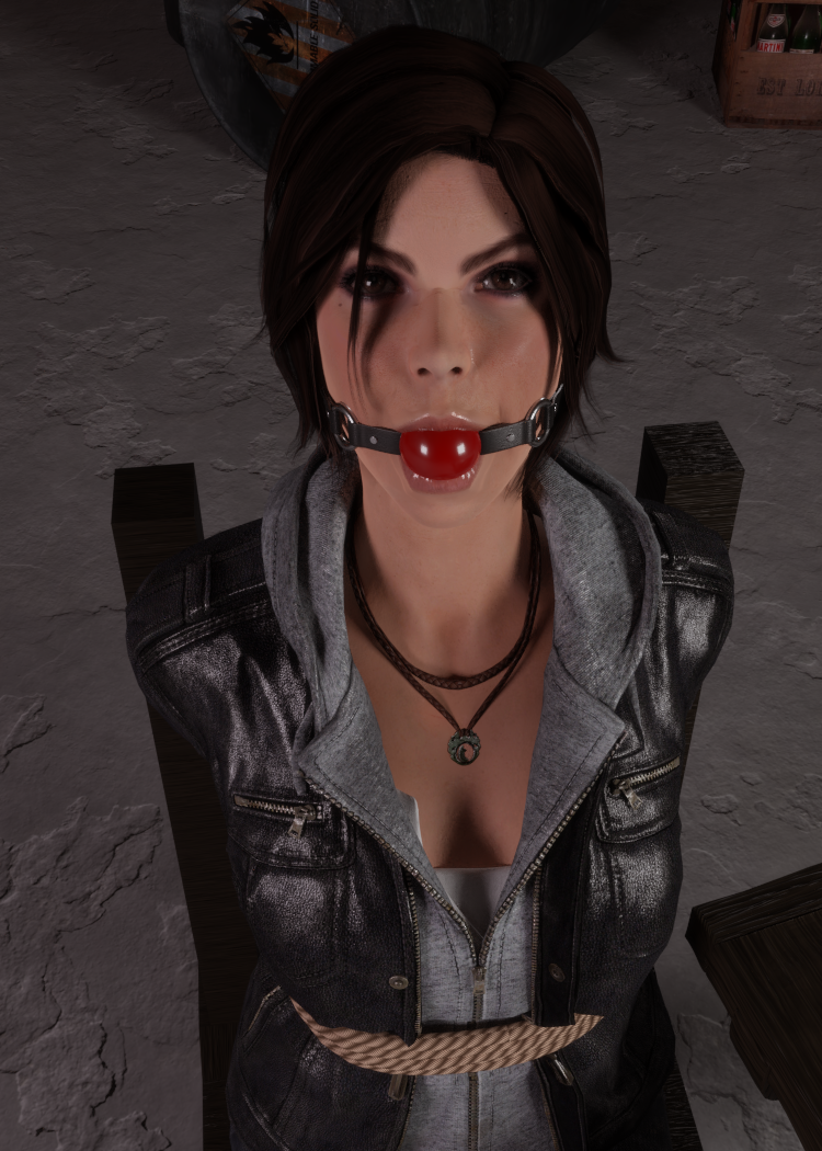 1girl 3d arms_behind_back ball_gag bdsm bondage bound breasts brown_eyes brown_hair gag gagged iorel-renders jewelry lara_croft looking_at_viewer necklace tied_to_chair tomb_raider