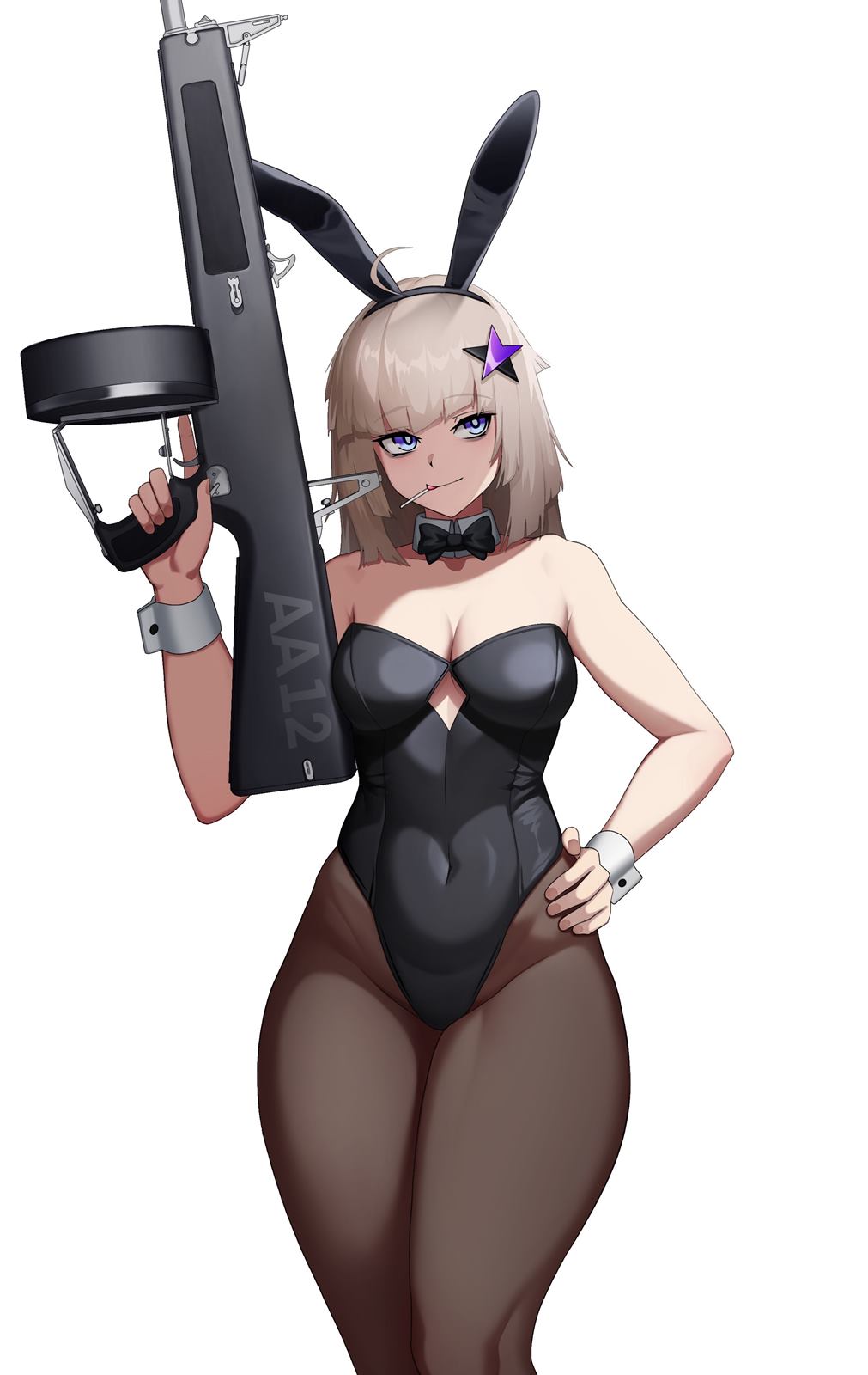 1girl aa-12 aa-12_(girls&#039;_frontline) ahoge animal_ears automatic_shotgun bags_under_eyes black_leotard blonde_hair blue_eyes breasts candy cero_(last2stage) cleavage combat_shotgun commission covered_navel detached_collar drum_magazine fake_animal_ears food food_in_mouth girls&#039;_frontline gun hair_ornament hand_on_own_hip hand_up high-capacity_magazine highres holding holding_weapon leotard lollipop long_hair magazine_(weapon) medium_breasts pantyhose playboy_bunny rabbit_ears revision shotgun smile solo star_(symbol) star_hair_ornament thick_thighs thighs trigger_discipline weapon