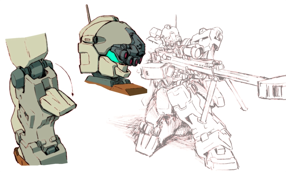 aiming assault_visor blue_visor bullpup color_variation commentary_request earth_federation exposed_internal_machinery gm_(mobile_suit) gm_sniper gun gundam kneeling machinery mecha mecha_focus mobile_suit monochrome multiple_views no_humans original radio_antenna redesign rifle robot science_fiction sketch sniper_rifle tessaku_ro weapon white_background