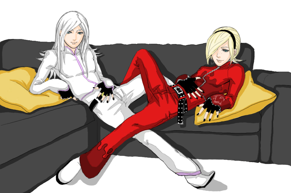2boys androgynous ash_crimson blonde_hair blue_eyes couch fingerless_gloves freckles gloves hair_over_one_eye hairband male_focus multiple_boys nail_polish pillow saiki_(kof) simple_background sitting smile snk the_king_of_fighters trap white_background white_hair