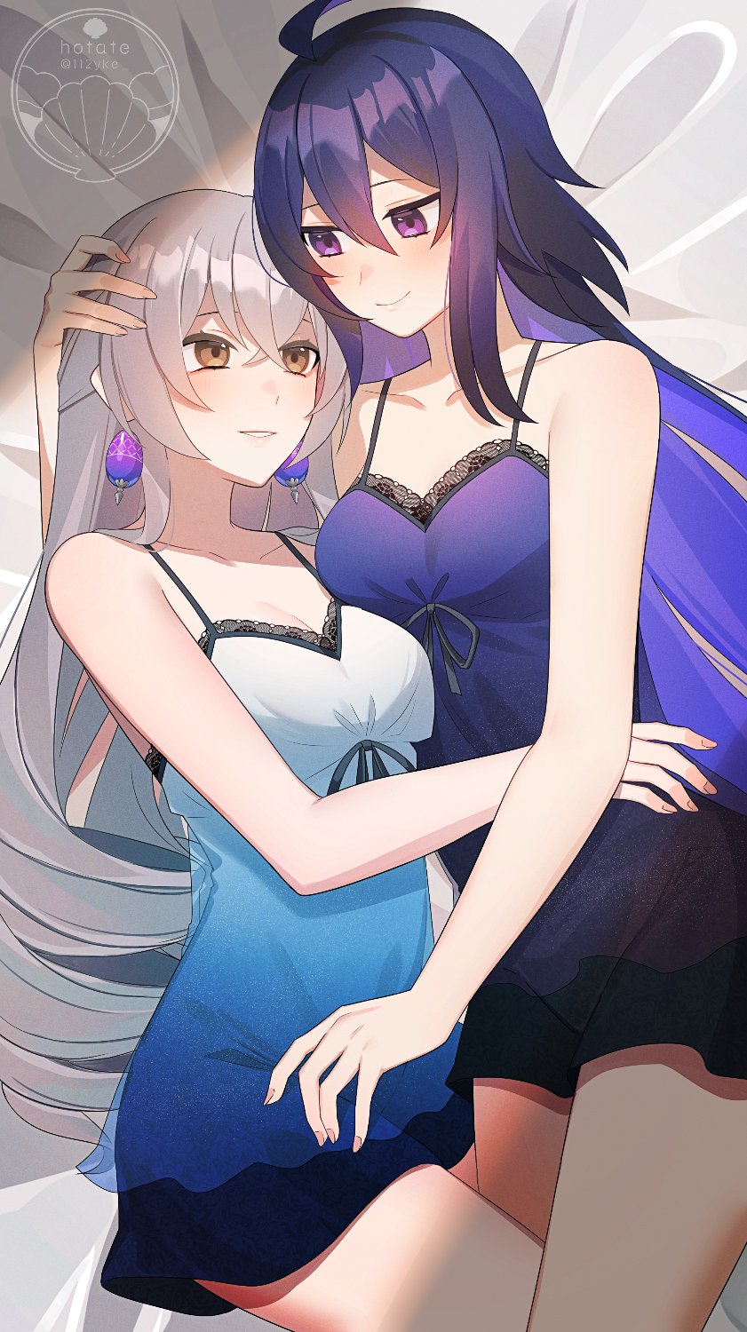 2girls alternate_costume arm_around_back artist_logo black_lace_trim blue_hair blue_nightgown bronya_rand commentary crossed_bangs drill_hair earrings grey_eyes grey_hair hair_between_eyes highres honkai:_star_rail honkai_(series) jewelry lace-trimmed_nightgown lace_trim logo long_hair looking_at_another multiple_girls nightgown purple_eyes seele_(honkai:_star_rail) sleepwear smile tebamaru very_long_hair watermark yuri