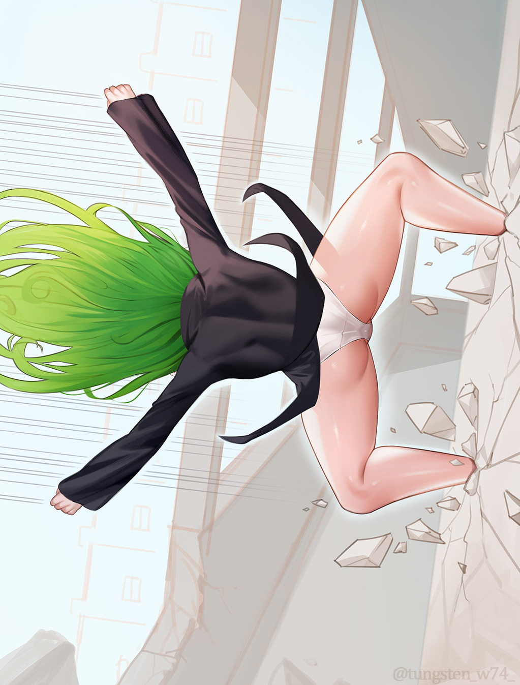1girl arms_up ass black_dress broken_ground derivative_work dress floating_hair from_behind green_hair highres landing long_hair long_sleeves one-punch_man outdoors panties solo tatsumaki tungsten_(kwfr4544) underwear white_panties