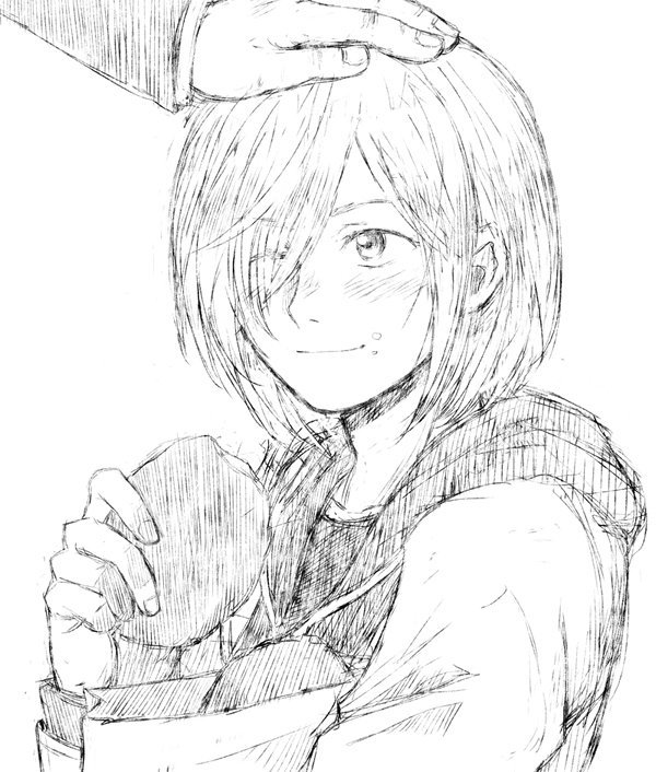 1boy bad_id bad_pixiv_id blush food food_on_face greyscale hand_on_another&#039;s_head hood hoodie male_focus monochrome one_eye_closed pirozhki smile solo_focus takeshi_(mononohu20) yuri!!!_on_ice yuri_plisetsky