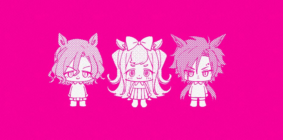 3girls :3 agnes_digital_(umamusume) air_shakur_(umamusume) animal_ears arms_at_sides blush bow chibi chibi_only closed_mouth eyebrow_piercing frown hair_bow horse_ears long_hair multiple_girls piercing pink_thighhighs shirt short_hair skirt smile standing straight-on tap_dance_city_(umamusume) thighhighs uma_ozisan umamusume