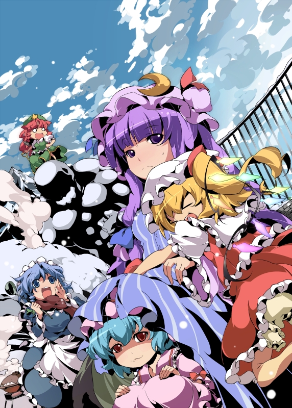 &gt;_&lt; 5girls blonde_hair blue_hair braid day closed_eyes female_focus flandre_scarlet glomp hat hong_meiling hug izayoi_sakuya long_hair maid maid_headdress multiple_girls nyuusankin outdoors patchouli_knowledge ponytail purple_eyes purple_hair red_eyes red_hair remilia_scarlet short_hair side_ponytail silver_hair skirt sky snow touhou twin_braids wings