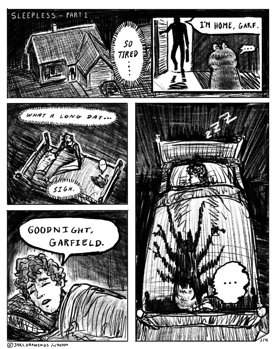 ... 1boy bed border cat comic english_text garfield garfield_(character) highres house jon_arbuckle jr_(jarsarts) lying monochrome opening_door panels sigh silhouette sitting sleeping speech_bubble title white_border zzz