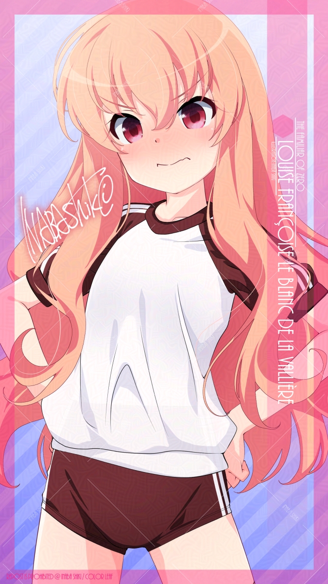 1girl adversarial_noise artist_name blue_background blush brown_buruma buruma character_name cowboy_shot gym_shirt gym_uniform hands_on_own_hips highres inaba_shiki long_hair louise_francoise_le_blanc_de_la_valliere nose_blush pink_eyes raglan_sleeves shirt solo striped_background t-shirt v-shaped_eyebrows watermark watermark_grid white_shirt zero_no_tsukaima