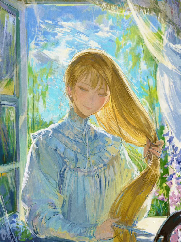 1girl blonde_hair blue_eyes blue_sky closed_mouth cloud curtains cutting_hair earrings flower half-closed_eyes holding holding_scissors indoors jewelry light_blush long_hair long_sleeves looking_down original scissors seapall see-through_curtains sky smile solo upper_body window