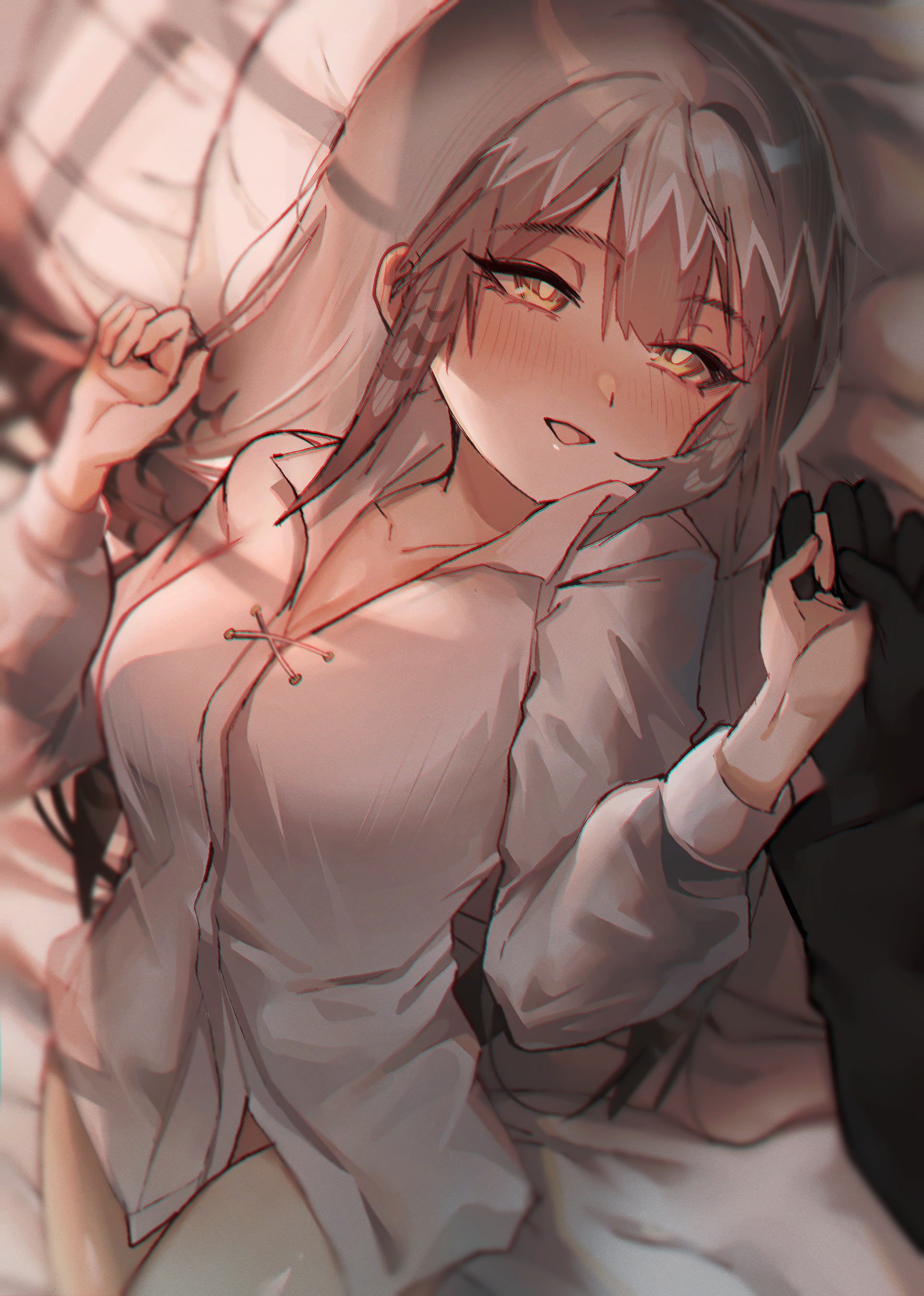 1girl 1other :d absurdres arknights bed_sheet black_gloves blush bottomless breasts cleavage collarbone collared_shirt dress_shirt fartooth_(arknights) gloves grey_hair hair_between_eyes half-closed_eyes hands_up highres kaguura_(kagu) long_hair long_sleeves lying medium_breasts naked_shirt on_back open_mouth out_of_frame pillow puffy_long_sleeves puffy_sleeves shirt smile solo_focus very_long_hair white_shirt yellow_eyes