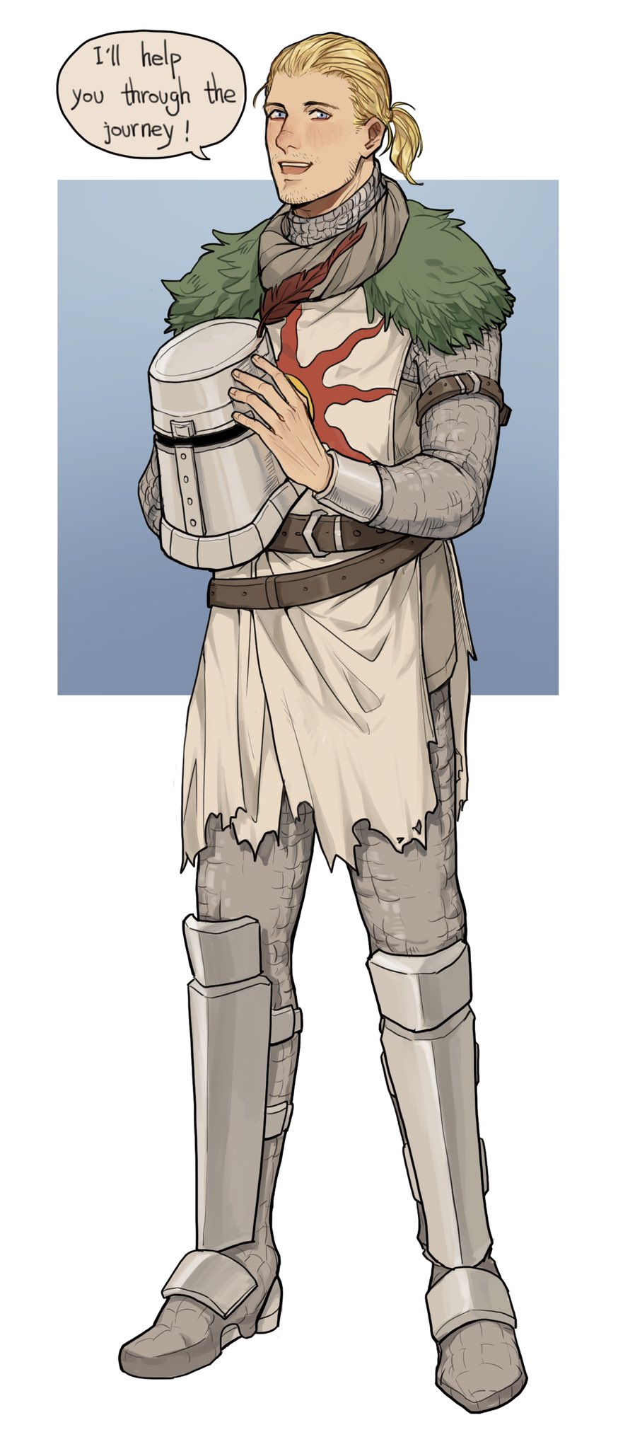 1boy armor armored_boots beard_stubble belt blonde_hair blue_background blue_eyes blush boots chainmail commentary dark_souls_(series) dark_souls_i english_commentary english_text facial_hair feathered_helmet feathers full_body fur_trim gradient_background green_fur grey_belt helmet highres holding holding_helmet looking_at_viewer male_focus mustache_stubble open_mouth ponytail red_feathers scar scar_on_face scar_on_nose short_ponytail solaire_of_astora solo speech_bubble standing stubble sun_print teeth tworain_w unworn_headwear unworn_helmet upper_teeth_only white_background