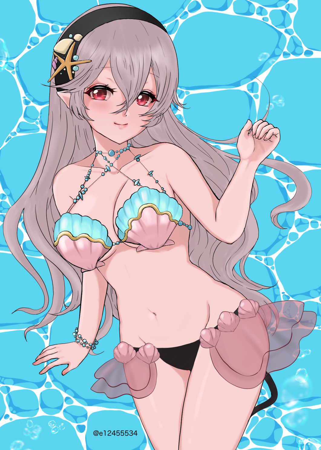 bare_shoulders bikini black_hairband blue_background breasts cleavage closed_mouth collarbone corrin_(female)_(fire_emblem) corrin_(fire_emblem) cowboy_shot e_m_a fire_emblem fire_emblem_cipher fire_emblem_fates grey_hair groin hairband highres looking_at_viewer navel nintendo official_alternate_costume pointy_ears red_eyes shell shell_bikini smile starfish_hair_ornament swimsuit water