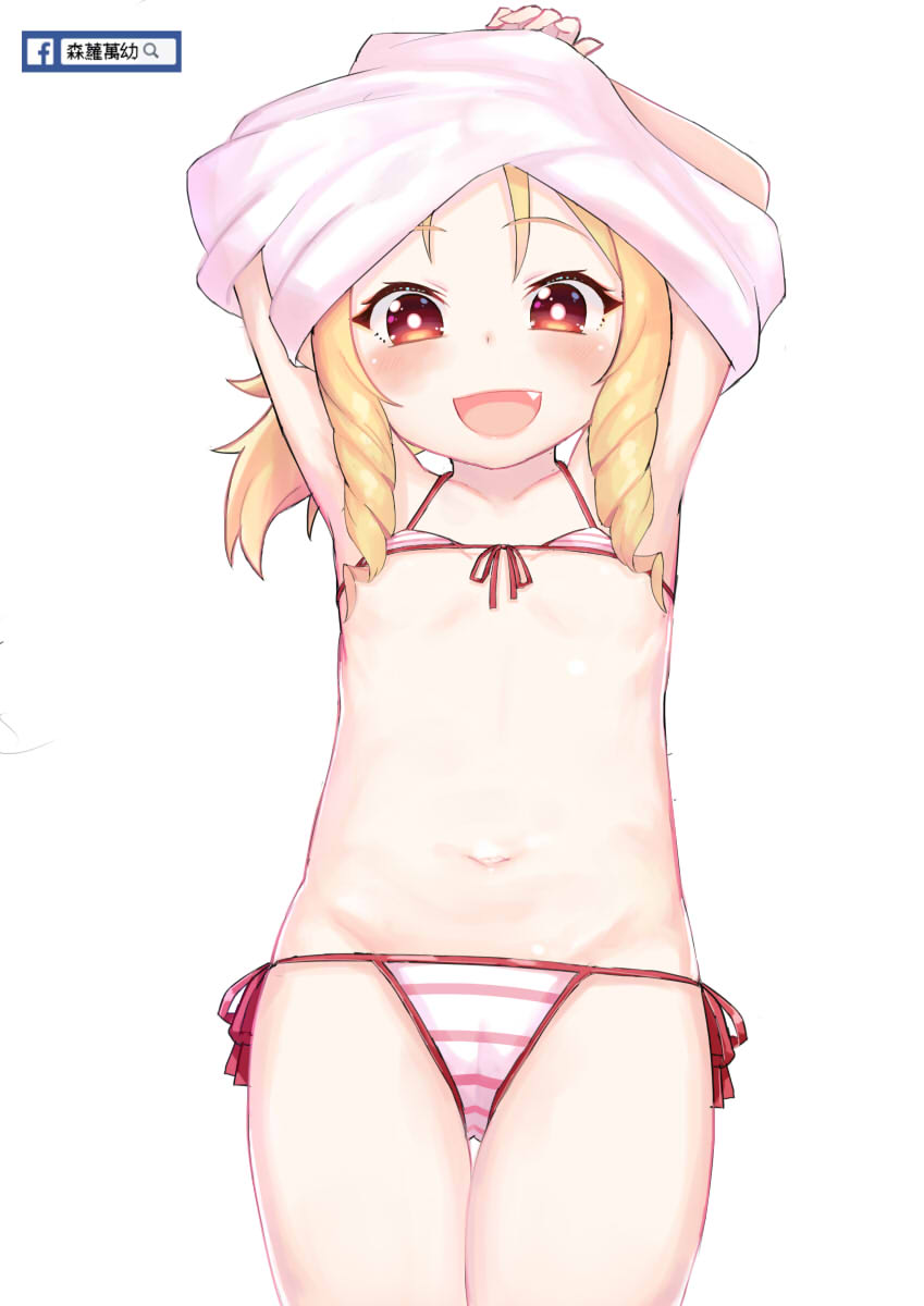 10s 1girl armpits arms_up ascii_media_works atg_(wttoo0202) bikini blonde_hair blush bow breasts brown_eyes collarbone cowboy_shot drill_hair eromanga_sensei facebook fang female_focus green_eyes hair_bow highres loli long_hair looking_at_viewer navel open_mouth pointy_ears side-tie_bikini_bottom simple_background small_breasts solo stomach striped_bikini striped_clothes swimsuit thighs twin_drills undressing white_background yamada_elf