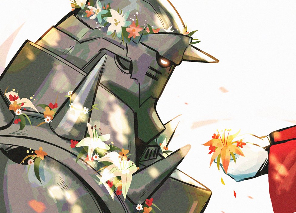 2boys alphonse_elric andythelemon armor brothers edward_elric flower flower_wreath fullmetal_alchemist giving gloves holding holding_flower jacket living_clothes long_sleeves male_focus multiple_boys orange_flower red_flower red_jacket siblings white_background white_flower white_gloves