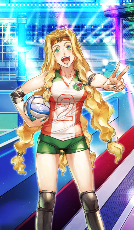 1girl ball bare_shoulders black_boots blonde_hair boots breasts chaldea_logo chin_piercing collarbone colored_eyelashes commentary curtained_hair elbow_sleeve face_piercing fate/grand_order fate_(series) fingernails green_eyes green_shorts hair_tie headband hiroe_rei holding holding_ball jersey knee_pads long_hair looking_at_viewer low-tied_long_hair low-tied_sidelocks medium_breasts multicolored_nails nail_polish official_art open_mouth orange_headband piercing quetzalcoatl_(fate) quetzalcoatl_(festival_outfit)_(fate) shirt short_shorts shorts sidelocks sleeveless sleeveless_shirt smile solo sportswear teeth third-party_source upper_teeth_only v v-neck very_long_hair volleyball_(object)
