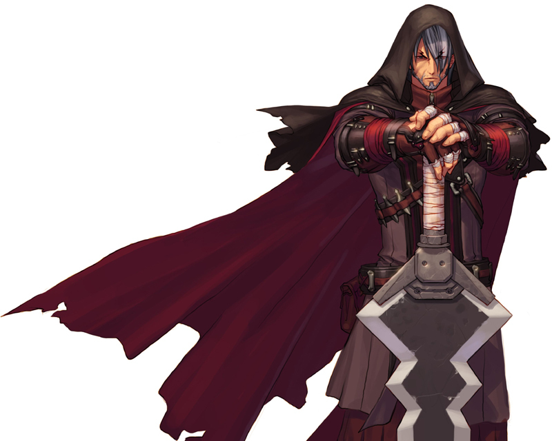 00s aganzo aganzo_(dungeon_fighter_online) beard blade blademaster cape dungeon_and_fighter facial_hair hood male_focus male_slayer_(dungeon_and_fighter) sword weapon
