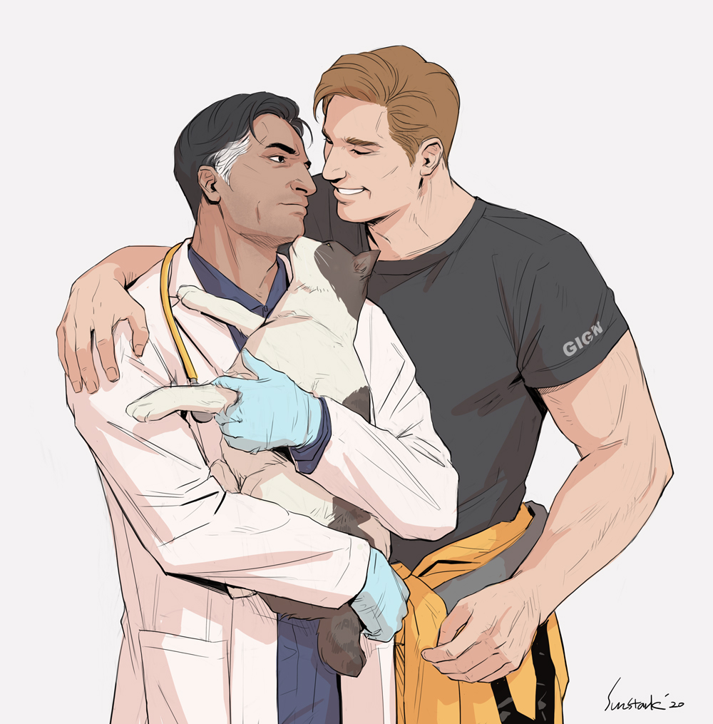 2boys animal arm_around_shoulder artist_name black_hair black_shirt blue_gloves blue_shirt cat closed_eyes closed_mouth clothes_around_waist coat collared_shirt commentary cowboy_shot dark-skinned_male dark_skin dated doc_(rainbow_six_siege) english_commentary gloves grey_hair grin holding holding_animal holding_cat jumpsuit layered_sleeves lion_(rainbow_six_siege) long_sleeves looking_at_another male_focus multicolored_cat multiple_boys rainbow_six_siege rubber_gloves shirt short_hair short_sleeves side-by-side sideburns simple_background smile standing stethoscope stethoscope_around_neck sun_stark t-shirt teeth white_background white_coat wing_collar yaoi yellow_jumpsuit