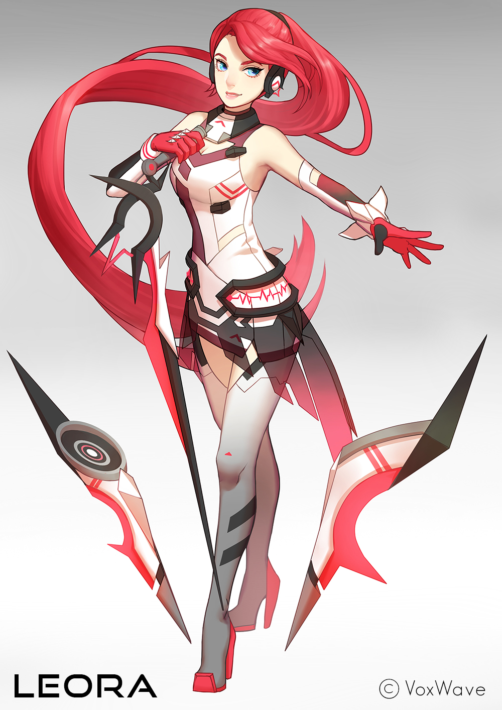 1girl blue_eyes breasts cleavage_cutout clothing_cutout gloves high_heels high_ponytail highres leora long_hair medium_breasts official_art ponytail red_gloves red_hair saphirya very_long_hair voxwave